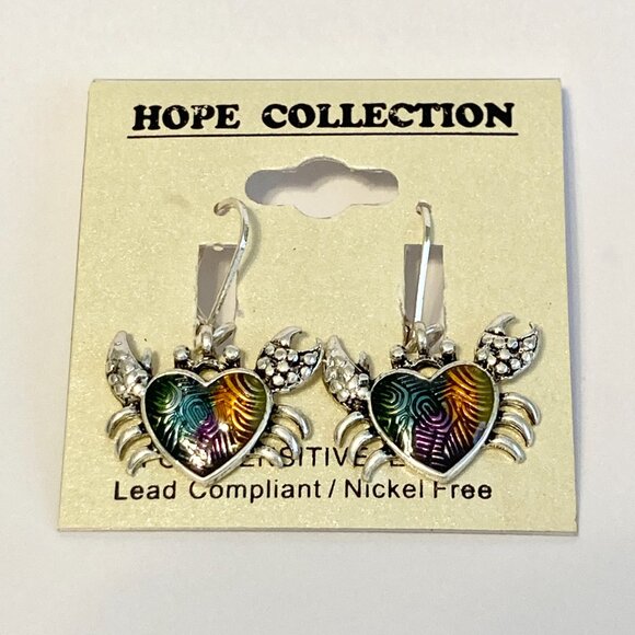 Crab Earrings Dangle Silver Plated Enamel Sea Life Beach Island Zodiac Cancer - Picture 3 of 10